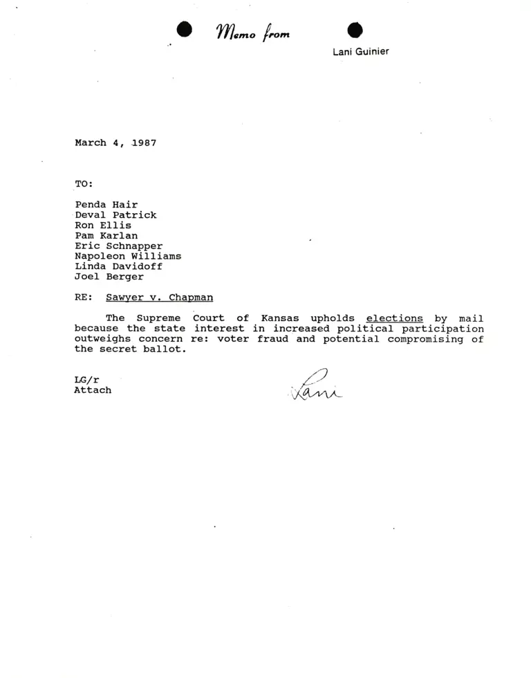 Correspondence from Lani Guinier to Hair, Patrick, Ellis, Karlan, Schnapper, Williams, Davidoff, and Berger Re Sawyer v. Chapman preview