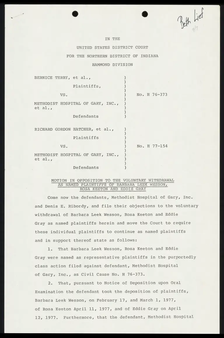 Motion in Opposition to the Voluntary Withdrawal as Named Plaintiffs of Barbara Leek Wesson, Rosa Keeton and Eddie Gray preview