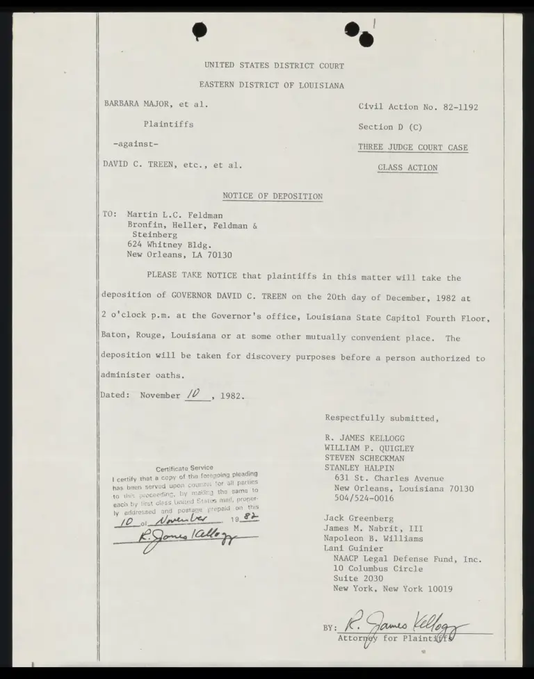 Notice of Deposition of Governor Treen preview