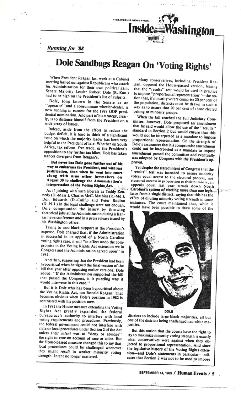 Dole Sandbags Reagan on Voting Rights (Human Events) preview