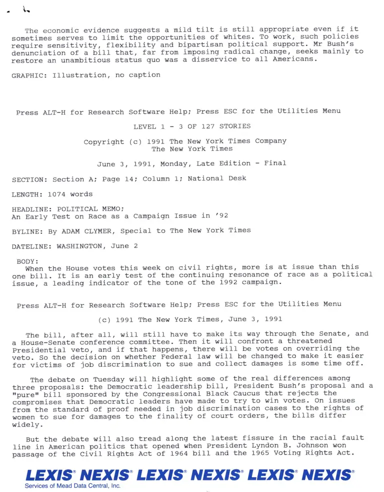 Political Memo; An Early Test on Race as a Campaign Issue in '92 News Article from the New York Times preview