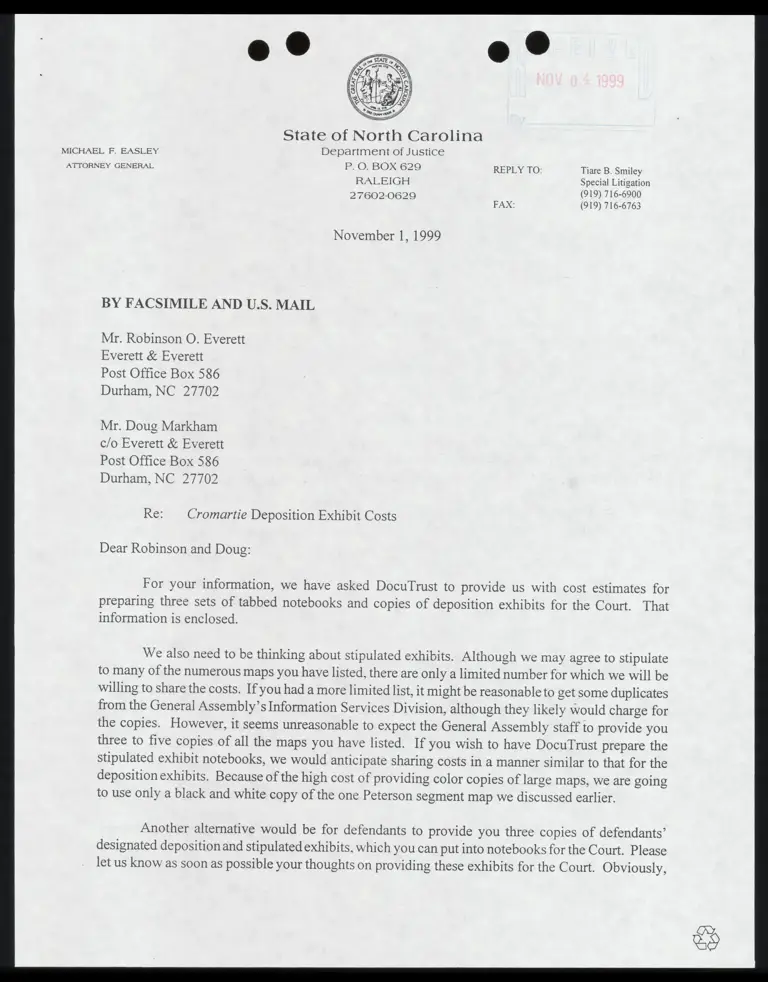 Letter to Everett from Smiley RE: Deposition exhibit costs preview