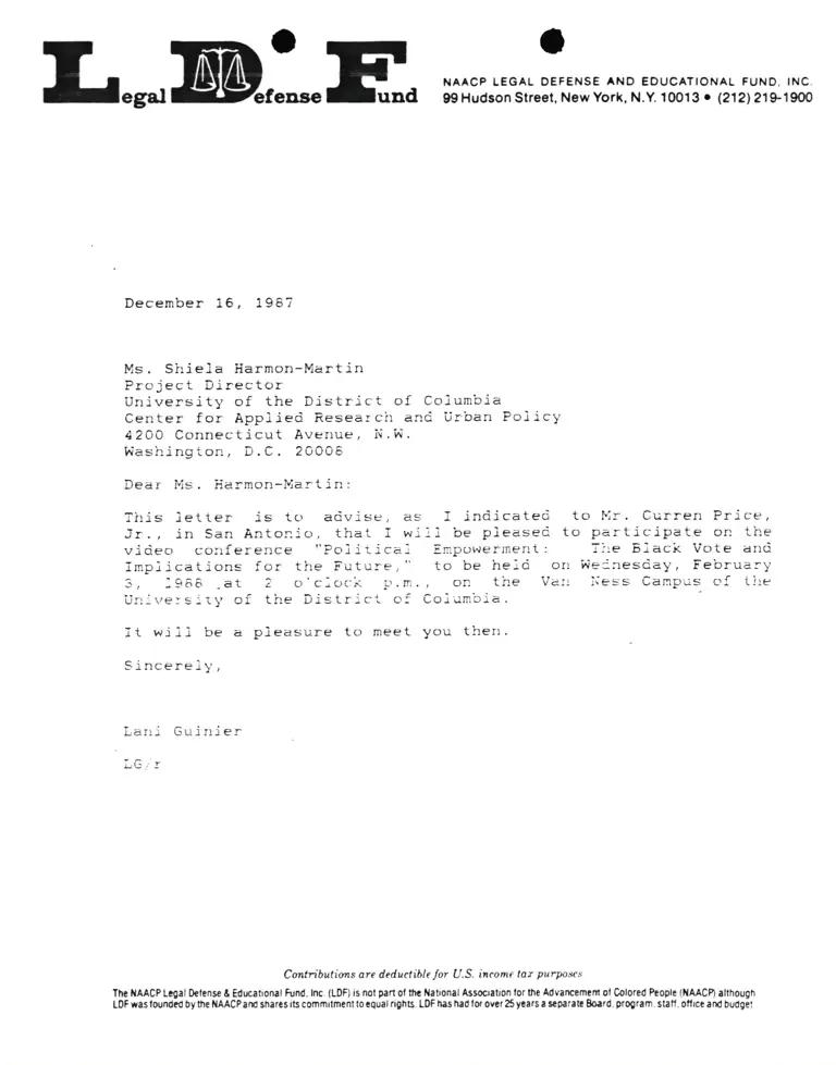 Correspondence from Lani Guinier to Shiela Harmon-Martin preview