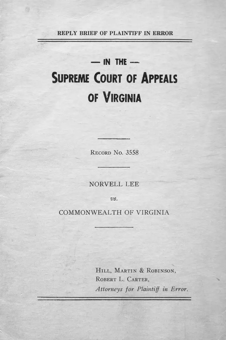 Lee v. Commonwealth of Virginia Reply Brief of Plaintiff in Error preview