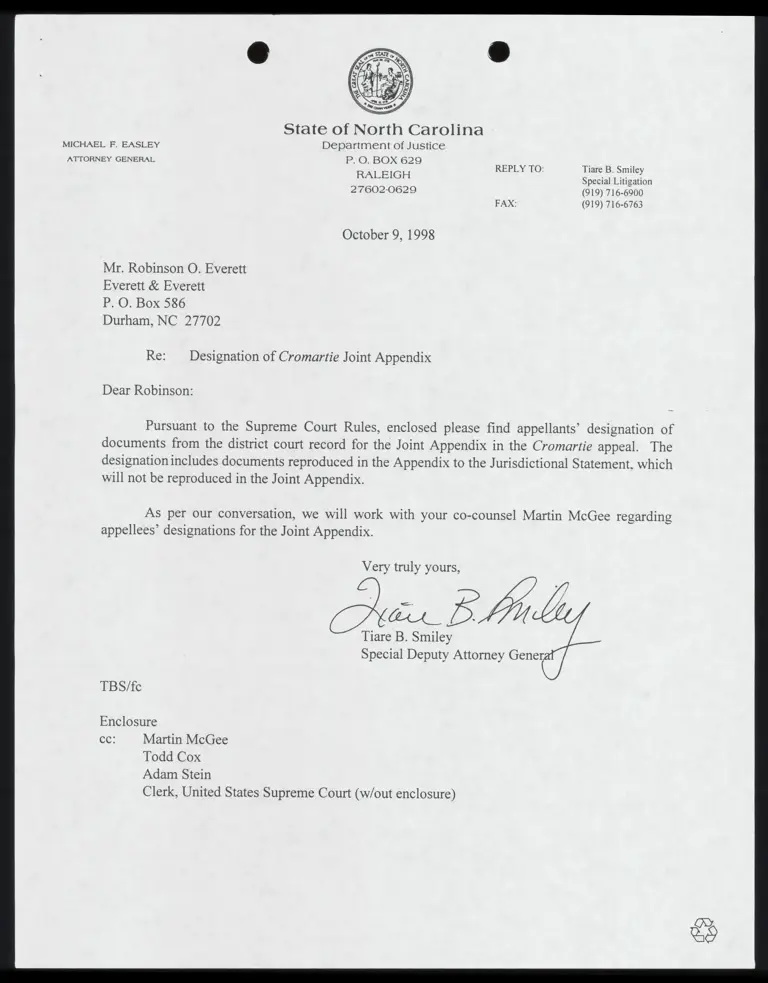 Letter to Opposing Counsel From Smiley RE: Appellants’ Designation of Documents For Joint Appendix preview