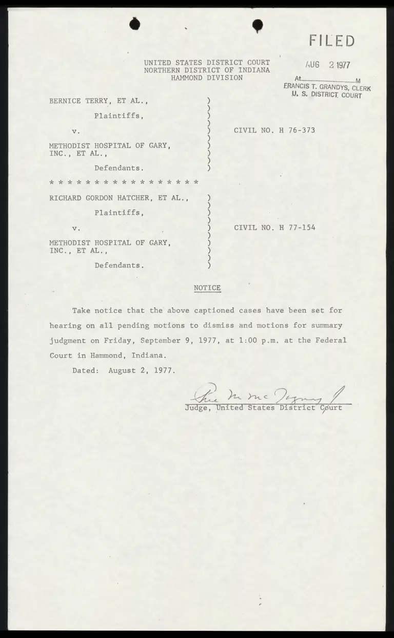 Notice RE: Date Set for Hearing preview