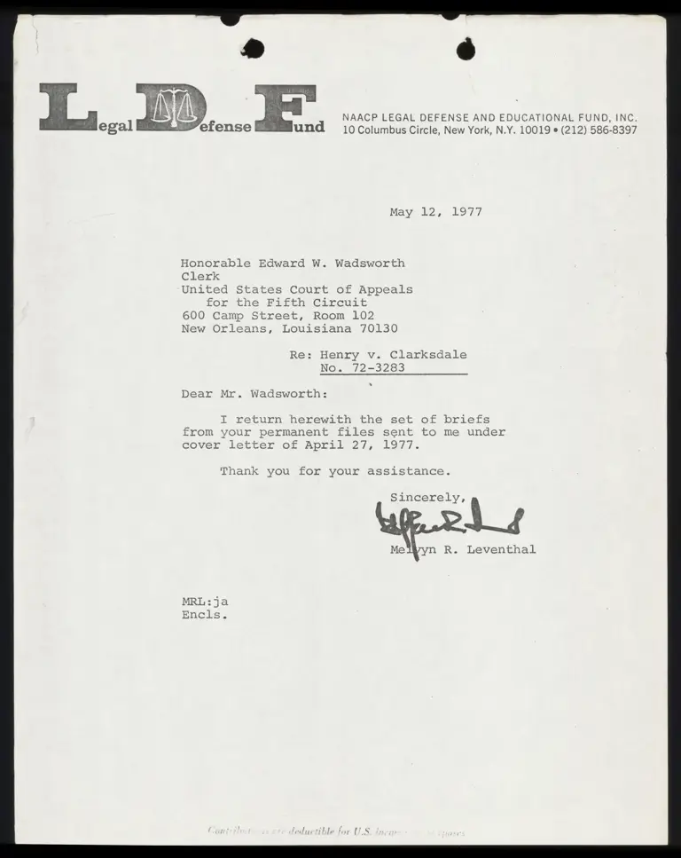 Correspondence from Leventhal to Clerk Re: Briefs preview