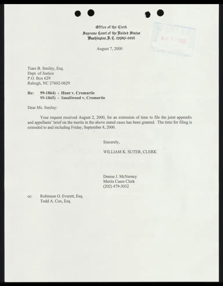 Correspondence from Clerk to Smiley Re: Request for Extension to File Joint Appendix preview
