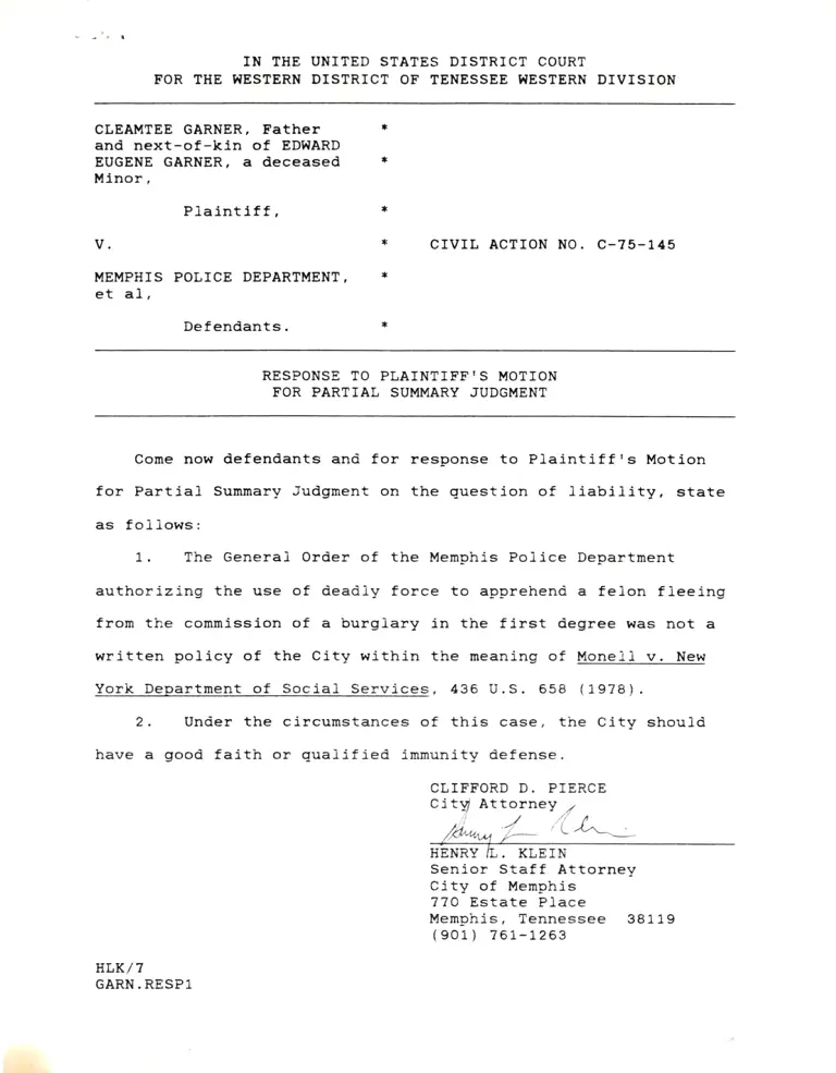 Response to Plaintiff's Motion for Partial Summary Judgment preview