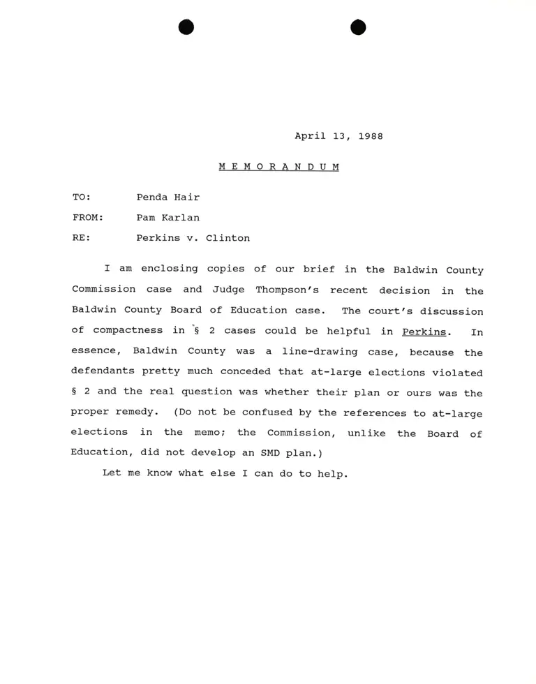 Memorandum from Pamela Karlan to Penda Hair Re Perkins v. Clinton preview