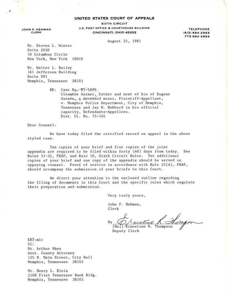 Correspondence from Clerk to Winter Re: Filing Certified Record preview