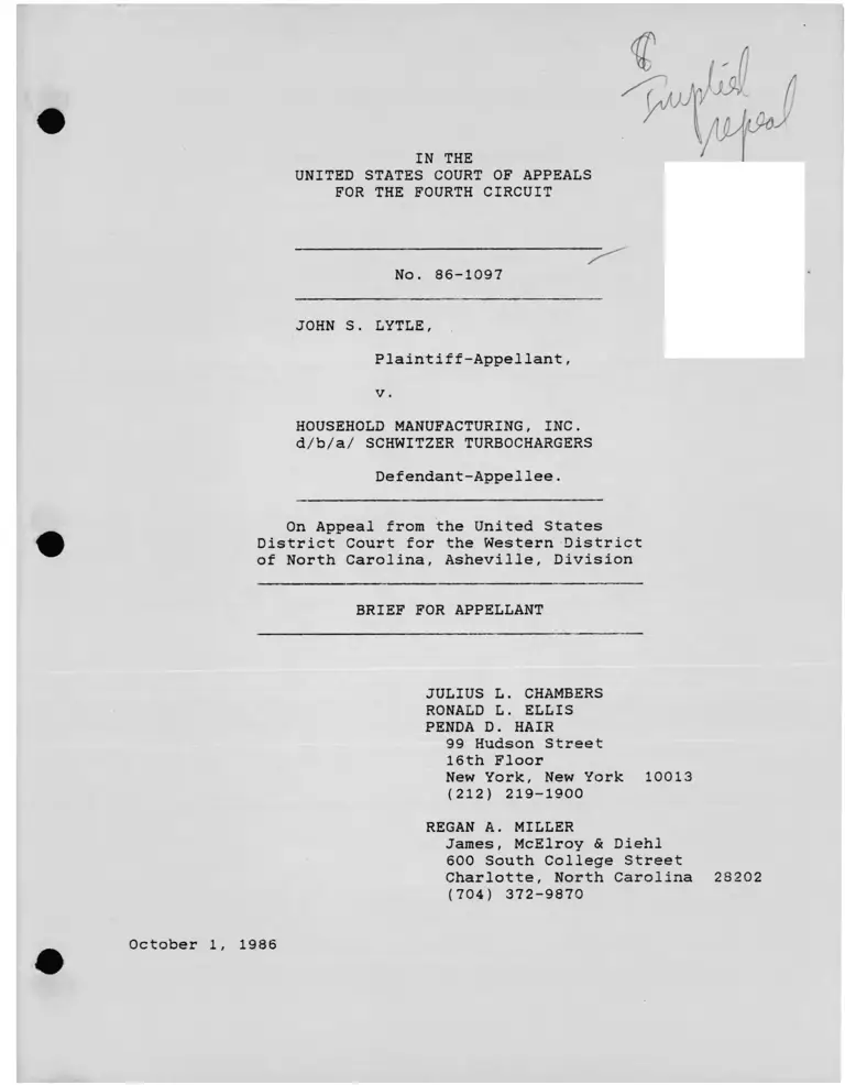 Lytle v. Household Manufacturing Inc. Brief for Appellant preview