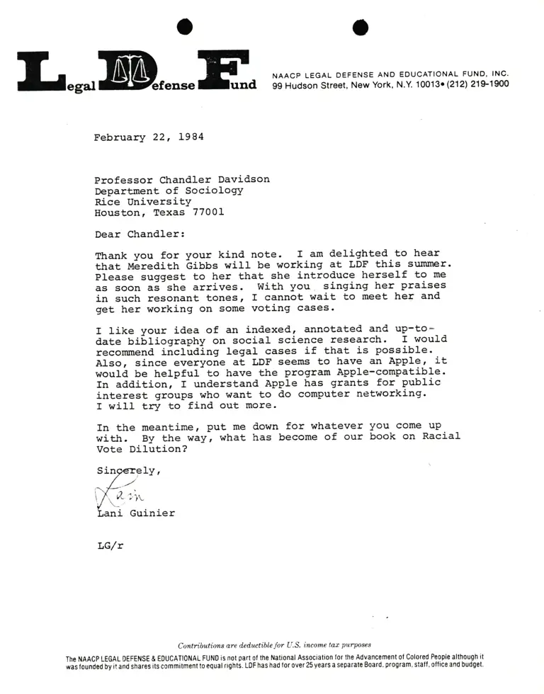 Letter from Lani Guinier to Professor Chandler Davidson RE: Meredith Gibbs preview