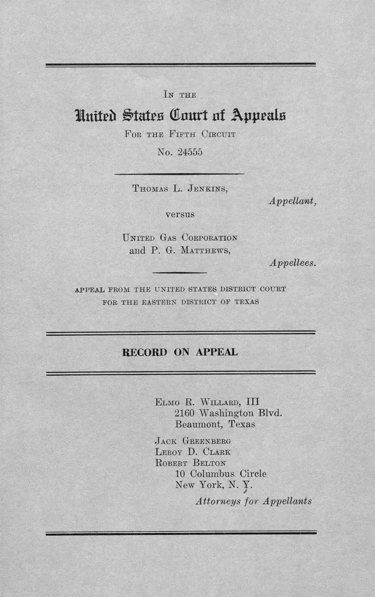 Jenkins v. United Gas Corporation Record on Appeal preview