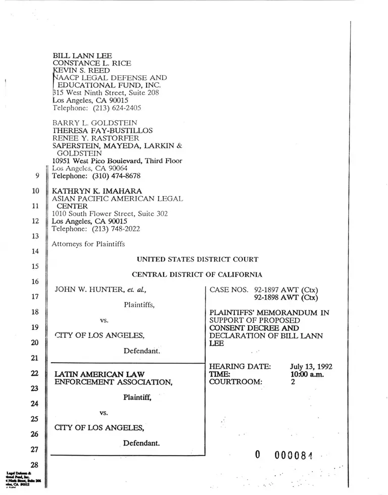 Hunter v. City of Los Angeles Plaintiffs' Memorandum in Support of Proposed Consent Decree and Declaration of Bill Lann Lee preview