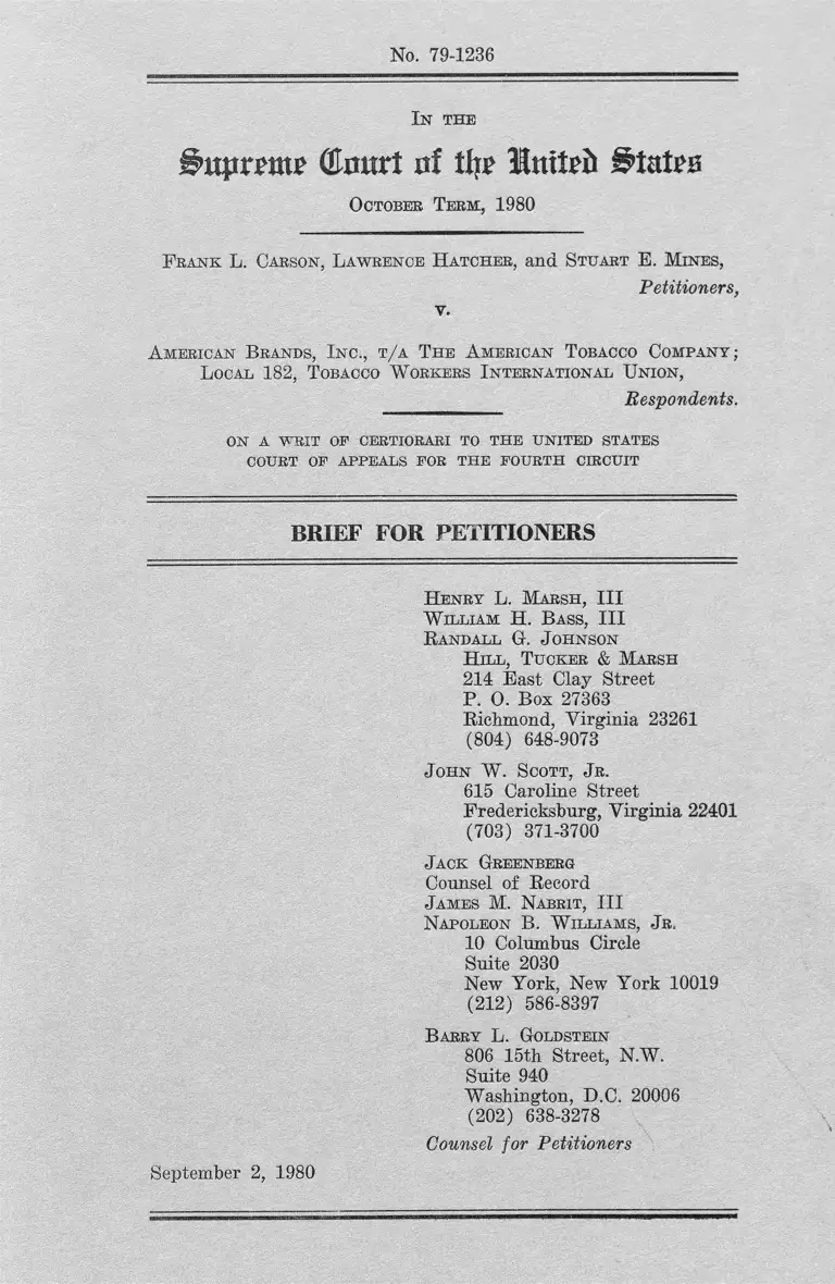 Carson v. American Brands, Inc. Brief for Petitioners preview