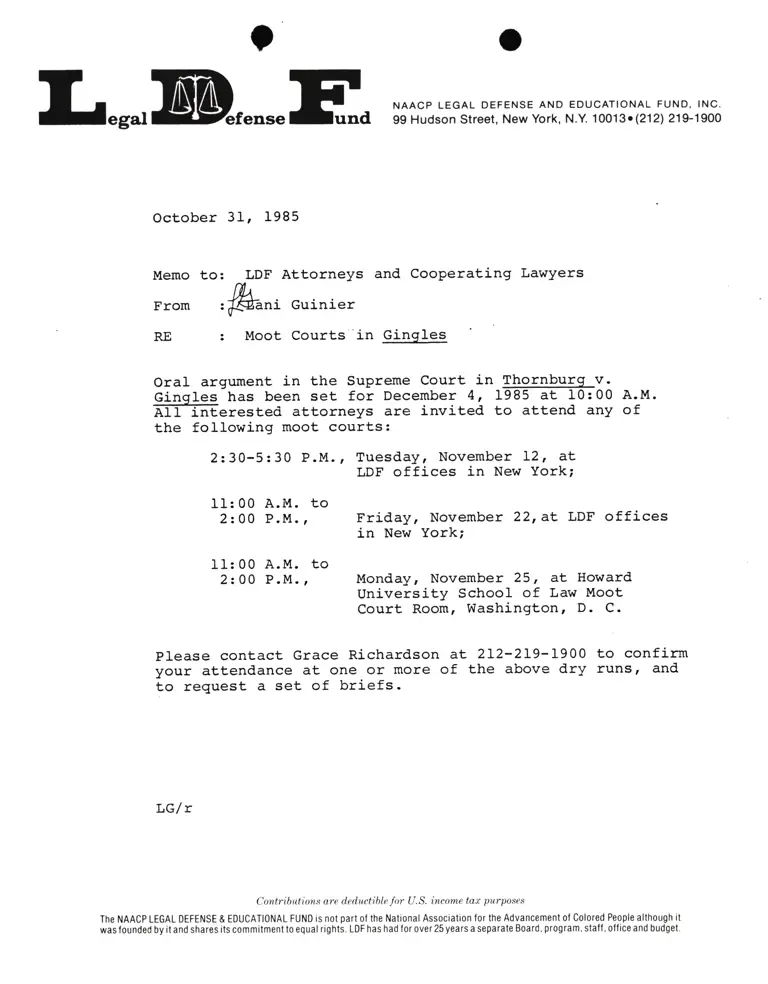 Memorandum from Lani Guinier to LDF Attorneys and Cooperating Lawyers Re Moot Court in Thornburg v. Gingles preview