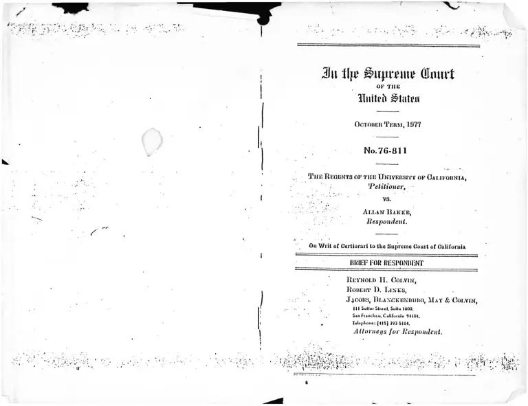 Regents of the University of California v. Bakke Brief for Respondent preview
