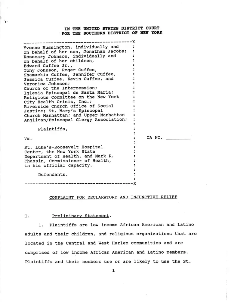 Mussington v. St. Luke's-Roosevelt Hospital Center Complaint for Declaratory and Injunctive Relief preview