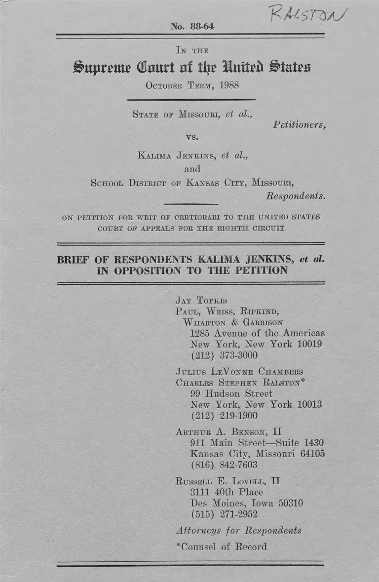 Missouri v. Jenkins Brief of Respondents Kalima Jenkins in Opposition to the Petition preview