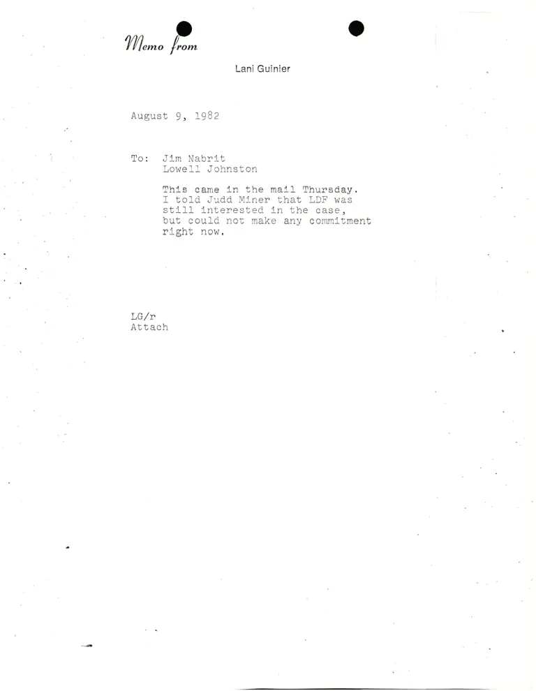 Memo from Lani Guinier to Jim Nabrit & Lowell Johnston (cover memo without attachment) preview