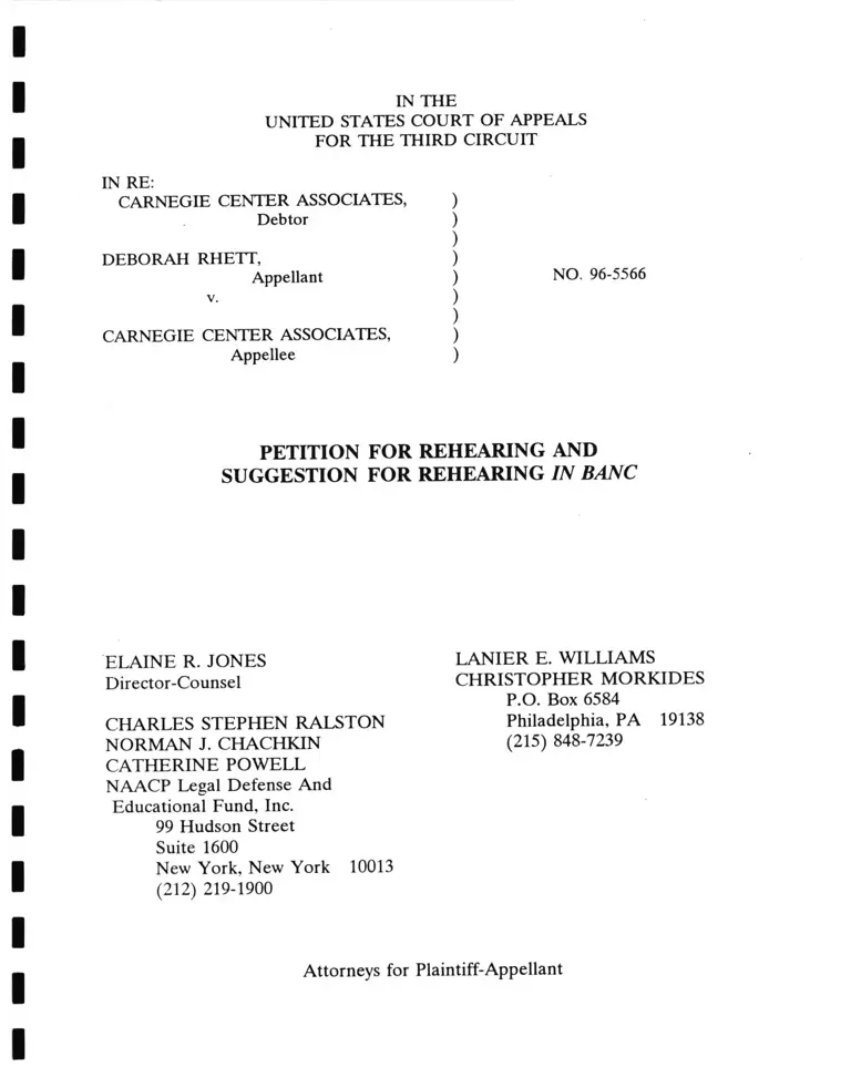 Rhett v. Carnegie Center Associates Petition for Rehearing and Suggestion for Rehearing In Banc preview