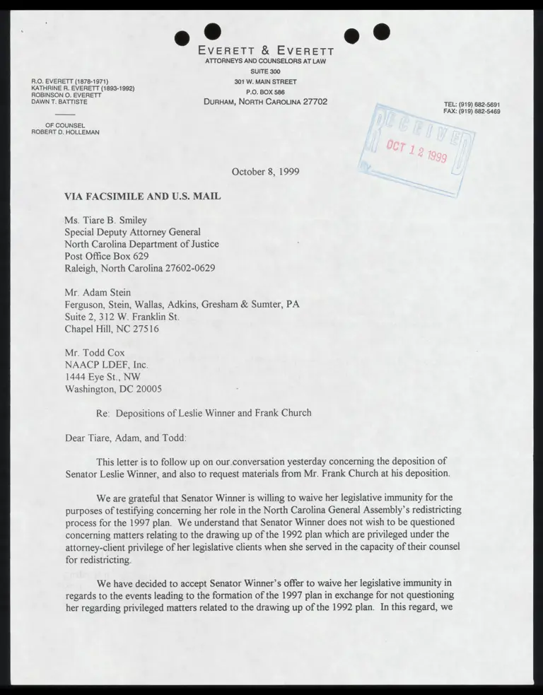 Letter from Everett to opposing counsel RE: Depositions of Winner and Church preview
