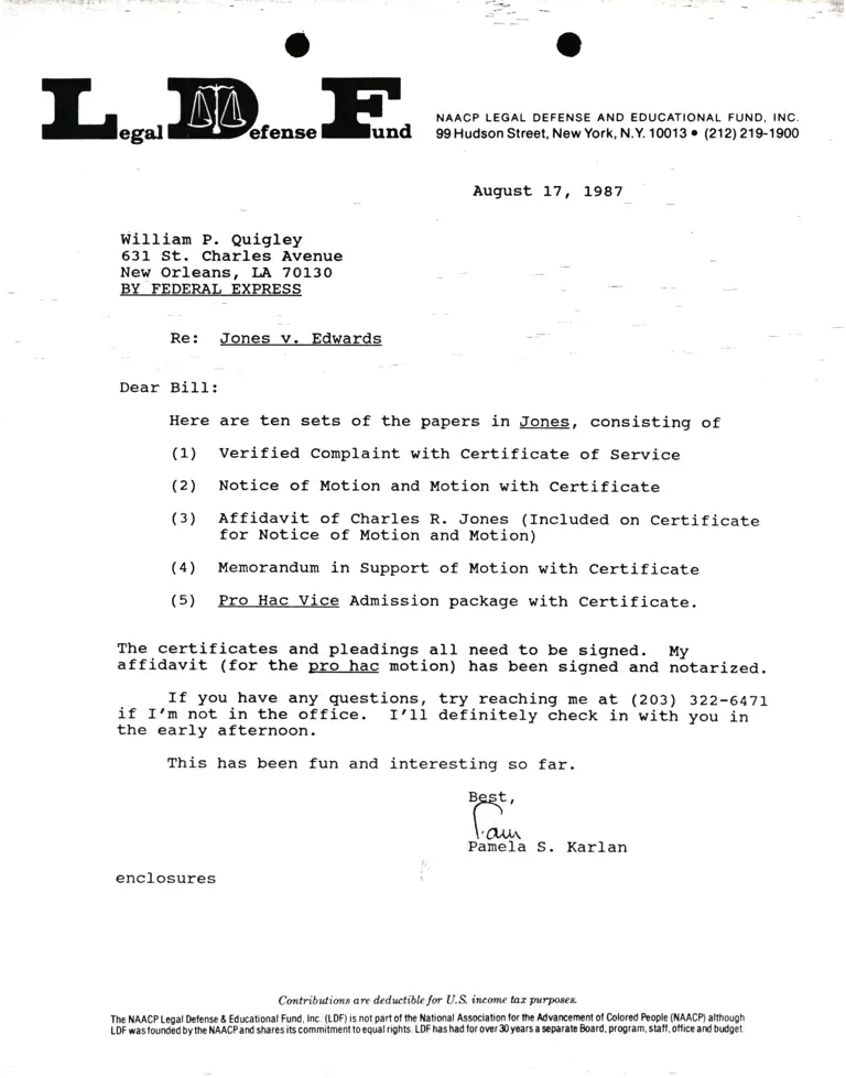 Correspondence from Pamela Karlan to William P. Quigley Re Jones v. Edwards preview