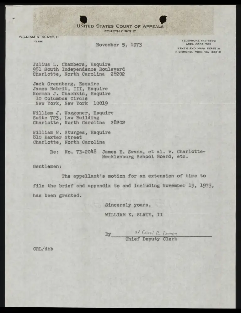 Correspondence from Clerk to Counsel Re: Granting Motion for Extension of Time preview