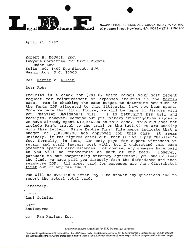 Correspondence from Lani Guinier to Robert B. McDuff Re: Martin v. Allain preview