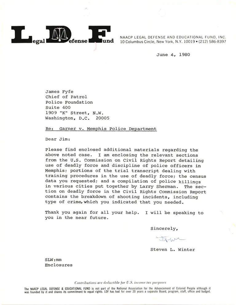Correspondence from Winter to Fyfe Re: Report on Deadly Use of Force preview