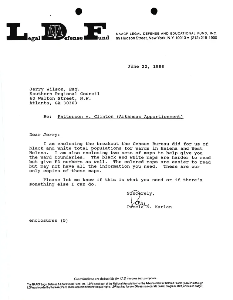 Correspondence from Pamela Karlan to Jerry Wilson, Esq. Re Patterson v. Clinton (Arkansas Apportionment) preview