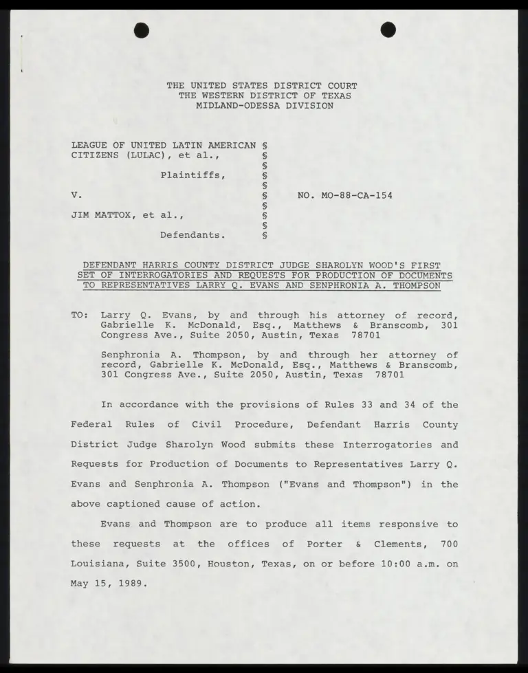 Defendant Judge Wood's First Set of Interrogatories and Requests for Production of Documents to Representatives Evans and Thompson preview