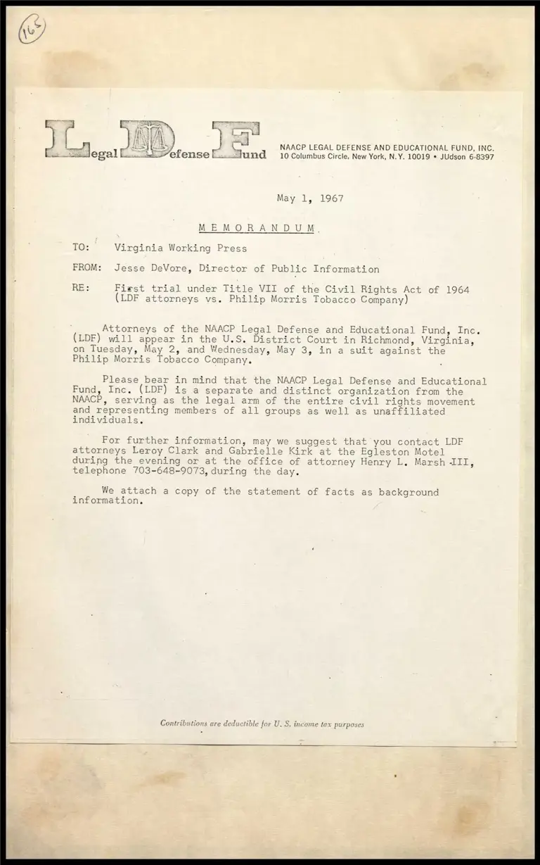 Memorandum on First Trial Under Title VII of the Civil Rights Act of 1964 (LDF Attorneys v. Philip Morris Tobacco Company) preview