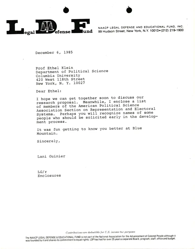 Correspondence from Lani Guinier to Prof. Ethel Klein preview