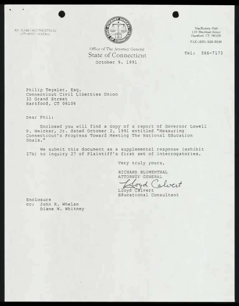 Correspondence from Calvert to Tegeler with "Measuring Connecticut's Progress Toward Meeting the National Education Goals" Report preview