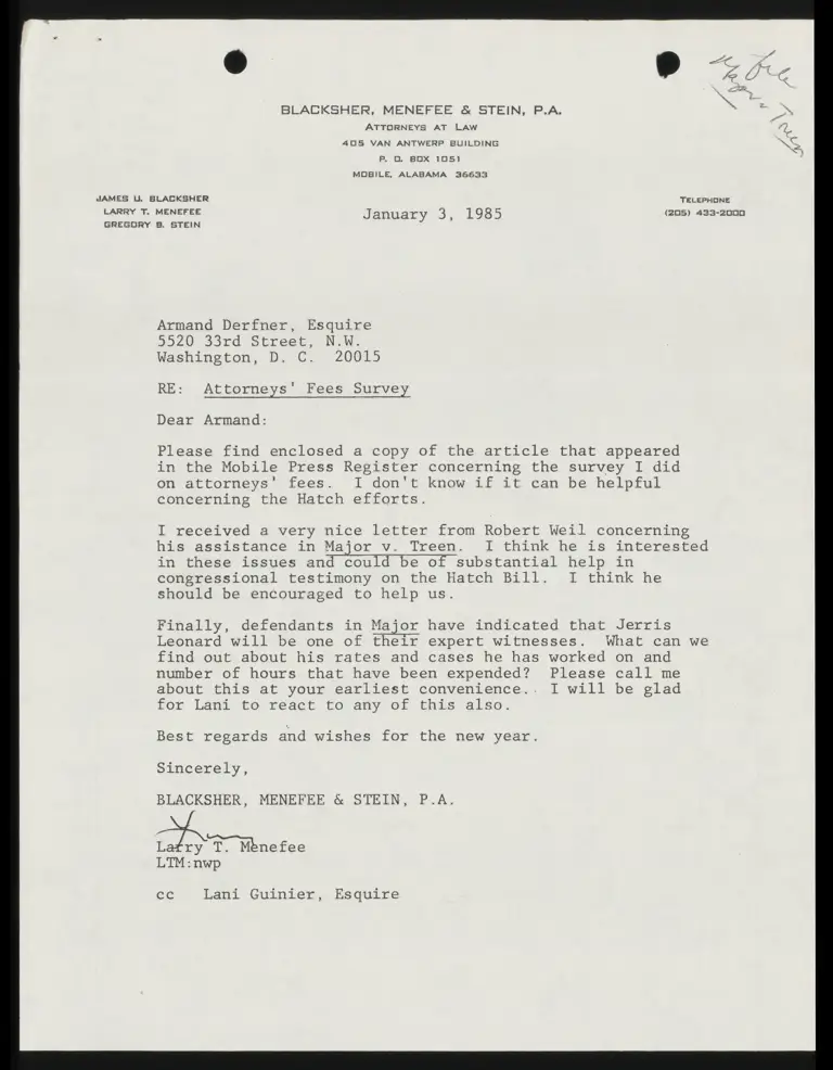 Correspondence from Menefee to Derfner; Lawyers Answer Fee Questionnaire News Clipping preview