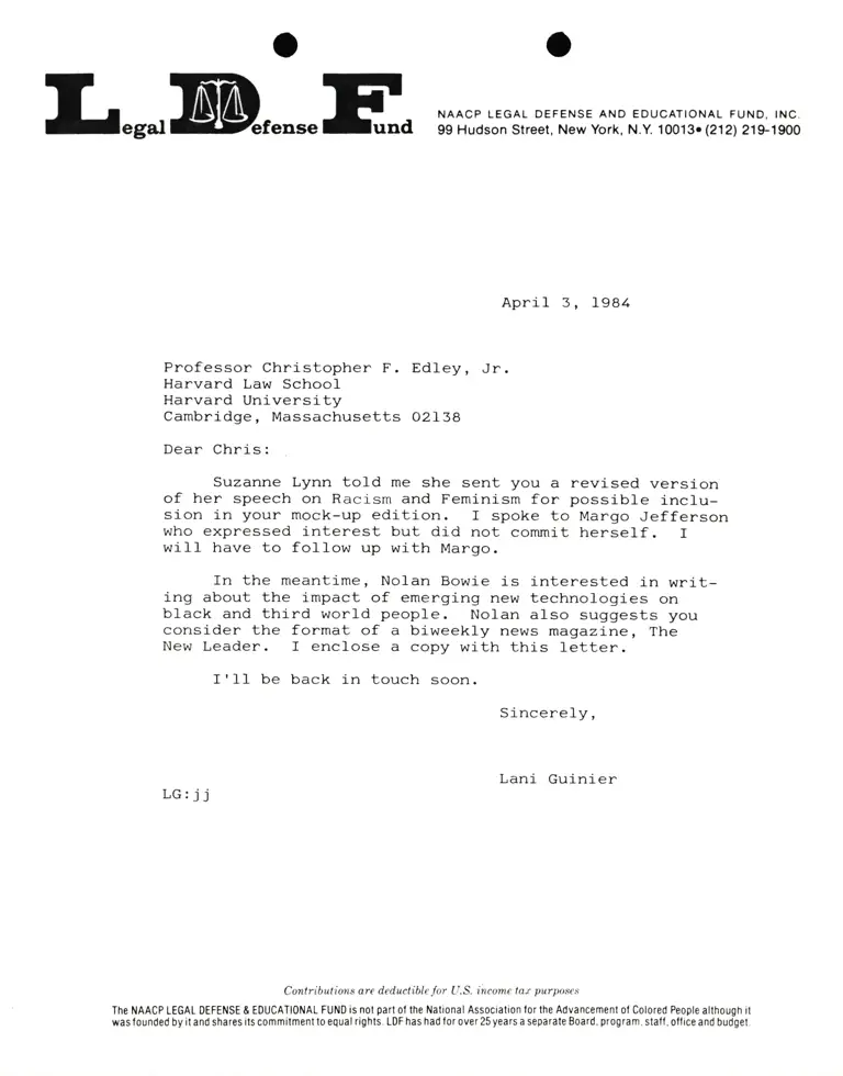 Letter from Lani Guinier to Professor Christopher F. Edley, Jr. preview
