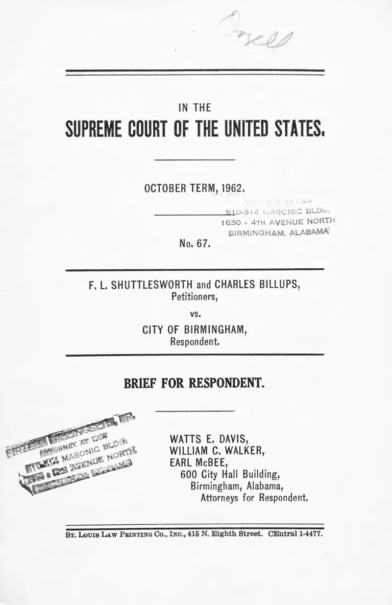 Shuttlesworth v Birmingham AL Brief for Respondent preview