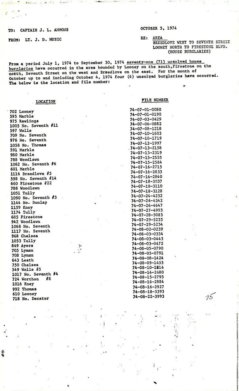 Correspondence from Music to Ammons Re: House Burglaries preview