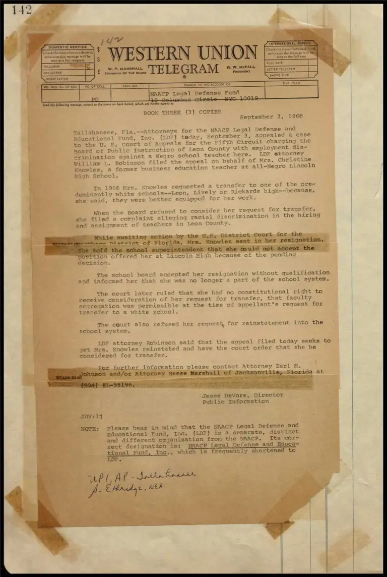 Employment Discrimination Against a Negro School Teacher in Tallahassee, Fla. (telegram) preview