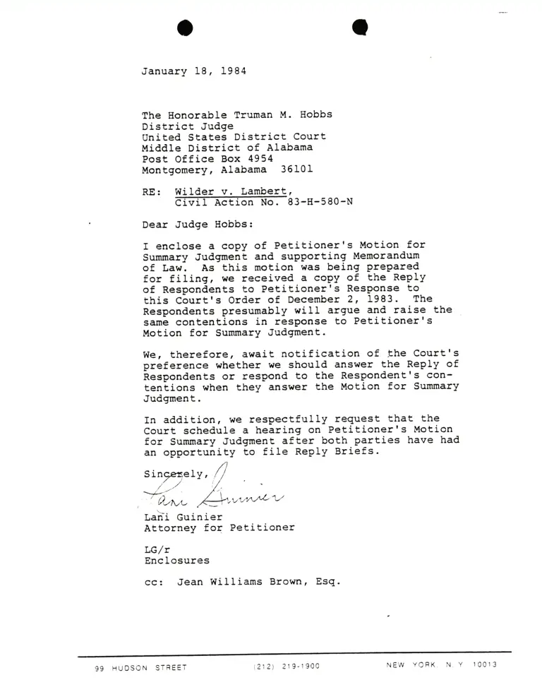 Letter from Lani Guinier to Hon. Truman Hobbs RE: Wilder v. Lambert preview