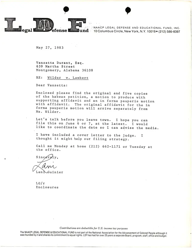 Correspondence from Lani Guinier to Vanzetta Durant, Esq. Re: Wilder v. Lambert preview