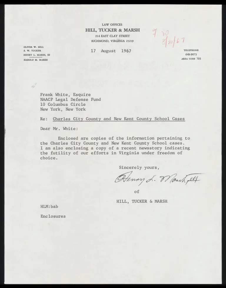 Letter from Marsh to White RE: Charles City County and New Kent County School Cases preview