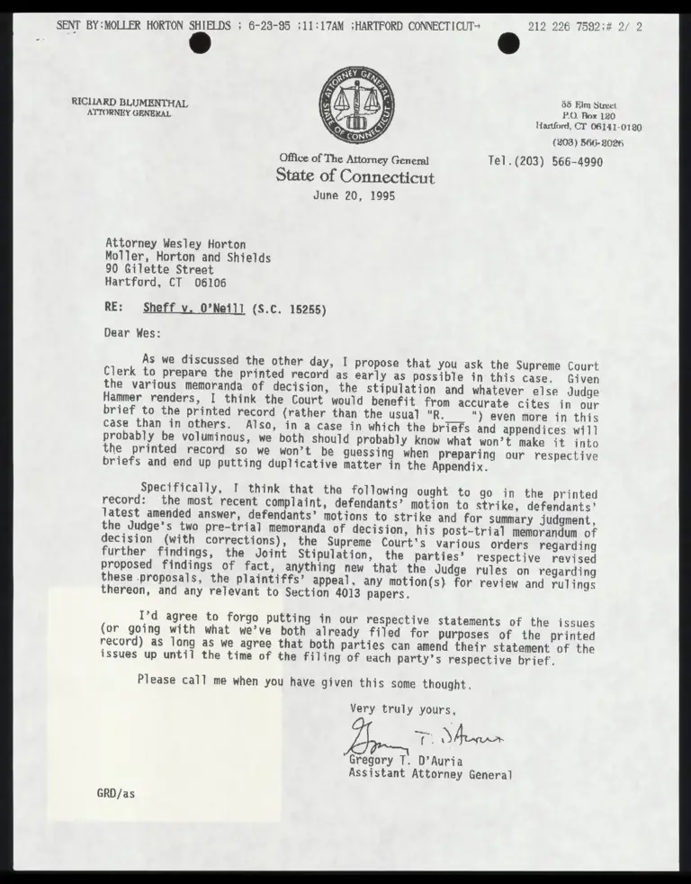 Letter from Attorney General of CT to Horton RE: Preparation of Record preview