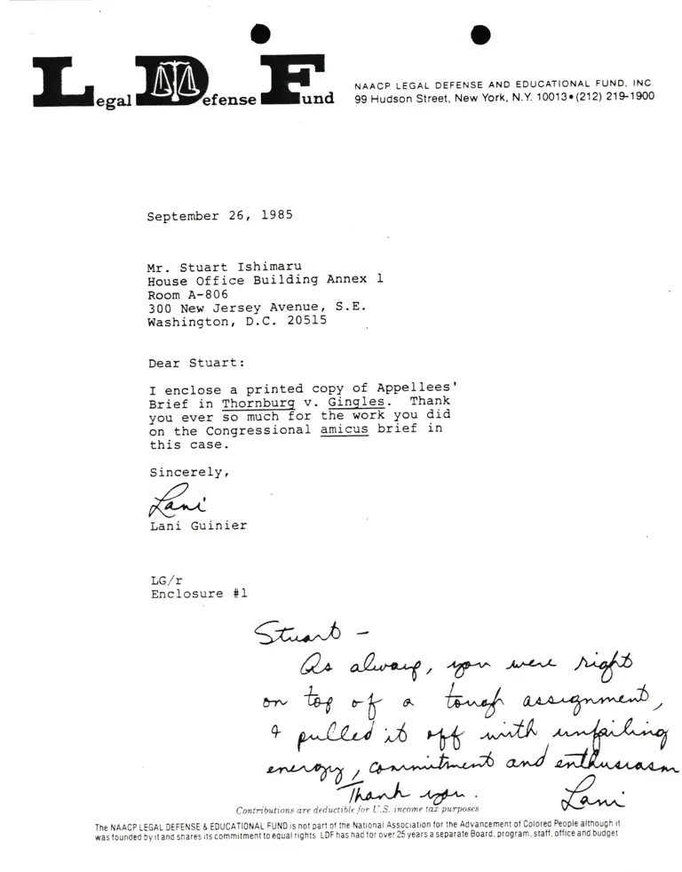 Correspondence from Lani Guinier to Stuart Ishimaru Re Thornburg v. Gingles preview