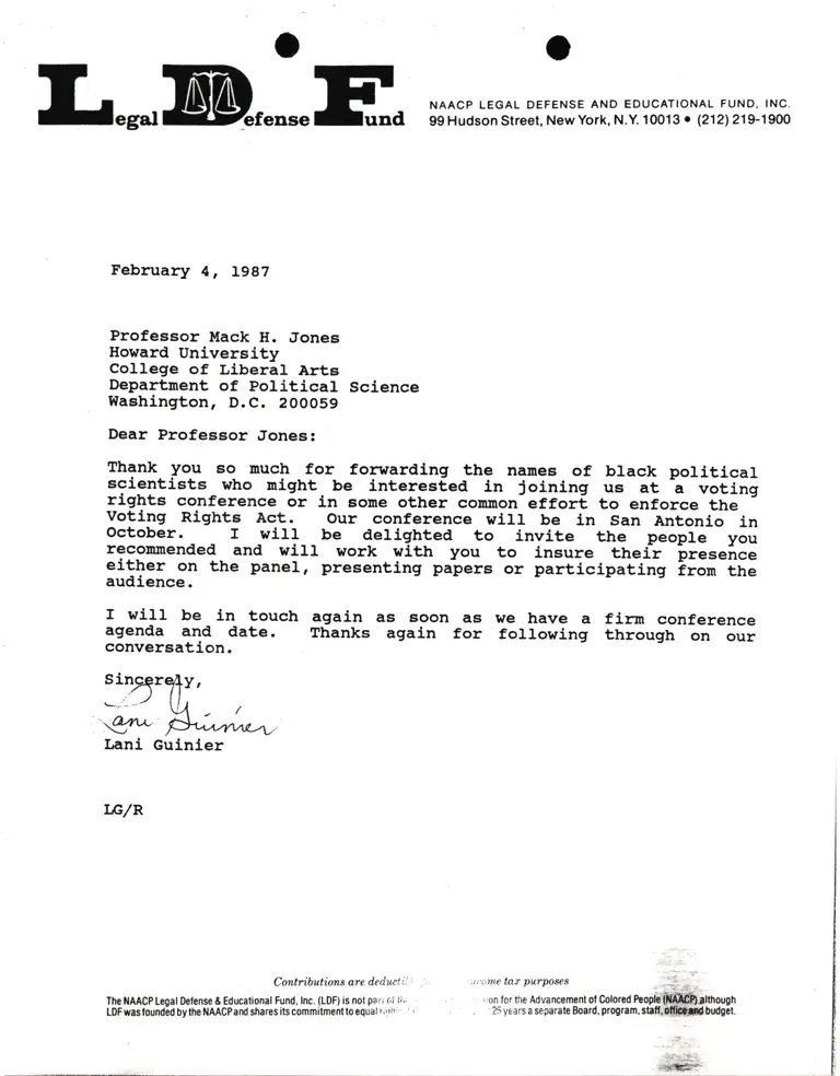 Correspondence from Lani Guinier to Prof. Mack H. Jones (Howard University) preview