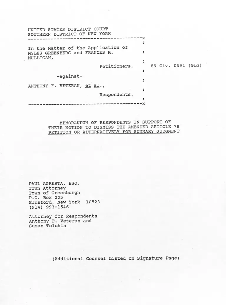 Greenberg v. Veteran Memorandum of Respondents in Support of Their Motion to Dismiss the Amended Article 78 Petition or Alternatively for Summary Judgement preview
