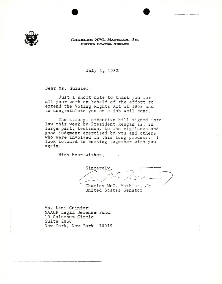 Letter from Sen. Charles Mathias to Lani Guinier preview