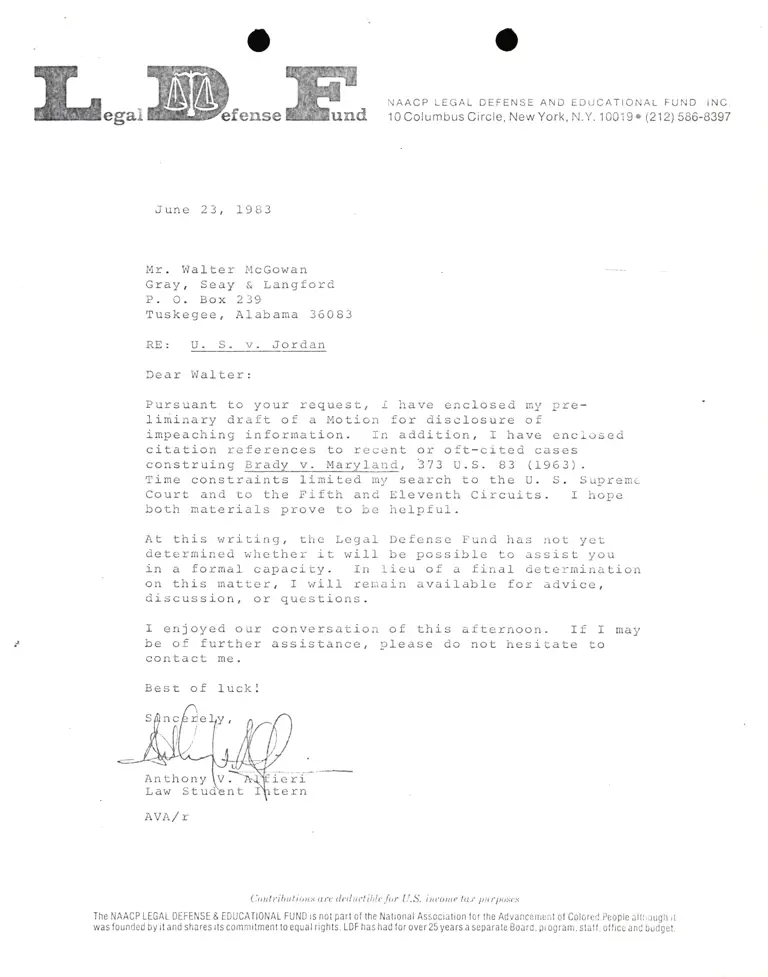 Correspondence from Lani Guinier to Walter McGowan Re: United States v. Jordan preview